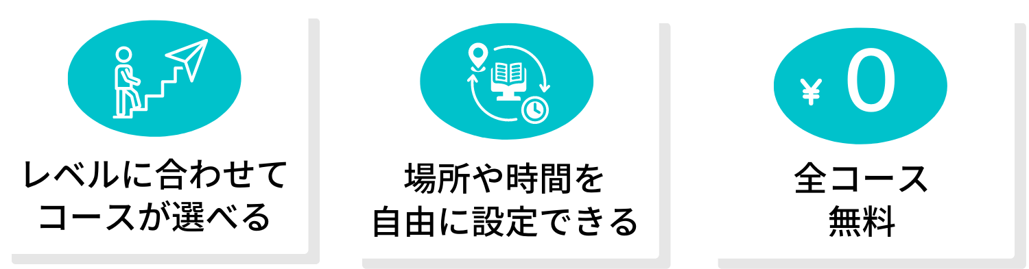 レベルに合わせてコースが選べる・場所や時間を自由に設定できる・全コース無料